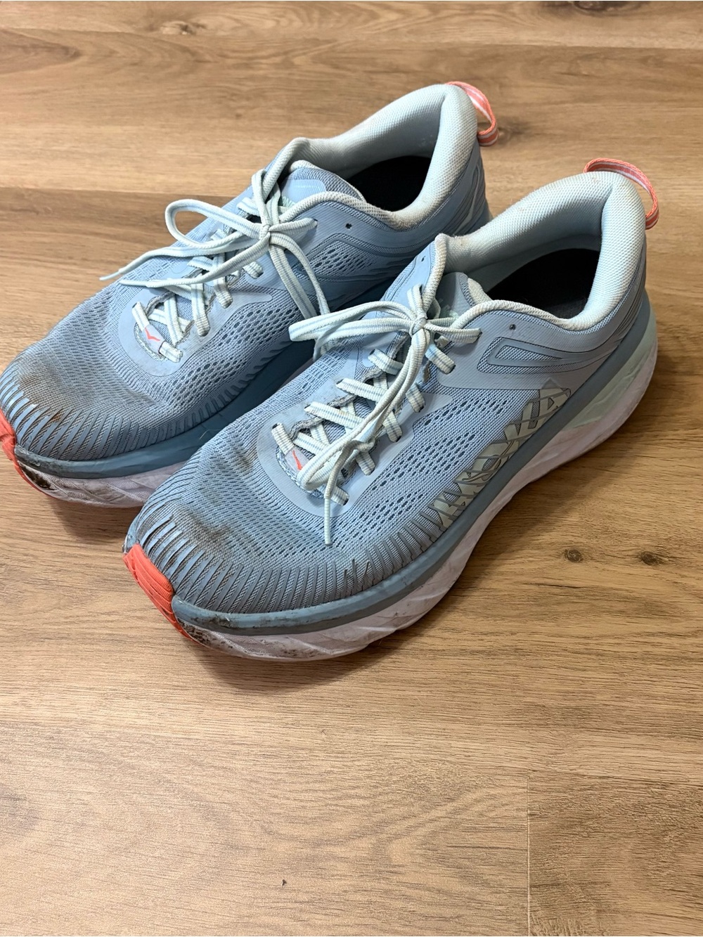 HOKA Bondi 7 running shoes in the light blue "Blue Fog" colorway